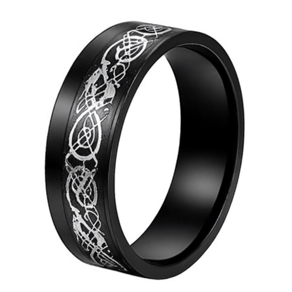 Black Stainless Steel Celtic Tribal Pattern Ring - Silver Design